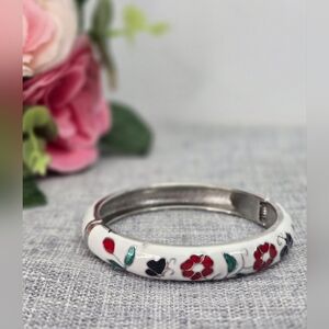Vintage Signed JTF Hinged White Enamel Silver Tone Bangle Bracelet‎
